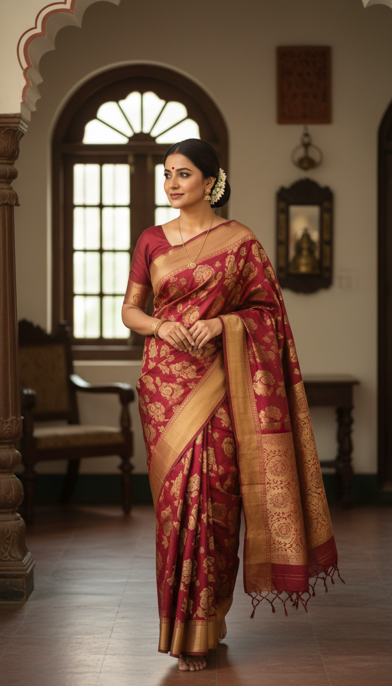 View Murshidabad Silk in Heritage Bengali Home - AI transformation template example full size Murshidabad Silk in Heritage Bengali Home - AI transformation template example