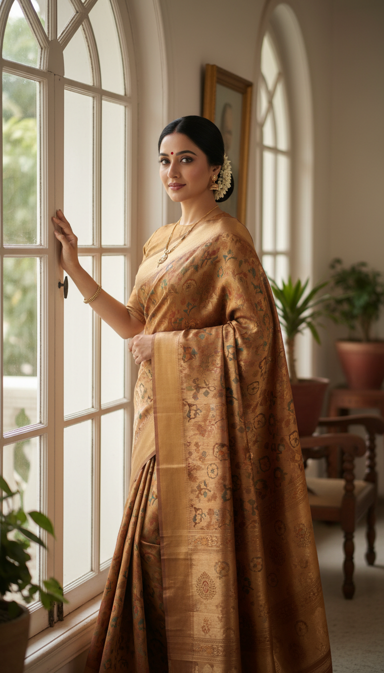 Murshidabad Silk Saree by Window with Soft Light - AI transformation template example