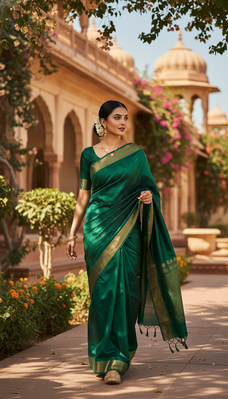 Mysore Silk Saree in Palace Gardens - AI transformation template example
