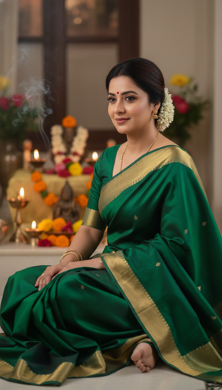 View Mysore Silk Saree during Pooja Ceremony - AI transformation template example full size Mysore Silk Saree during Pooja Ceremony - AI transformation template example