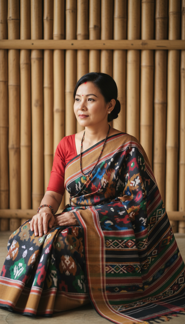 View Naga Handloom Saree near Bamboo Wall - AI transformation template example full size Naga Handloom Saree near Bamboo Wall - AI transformation template example