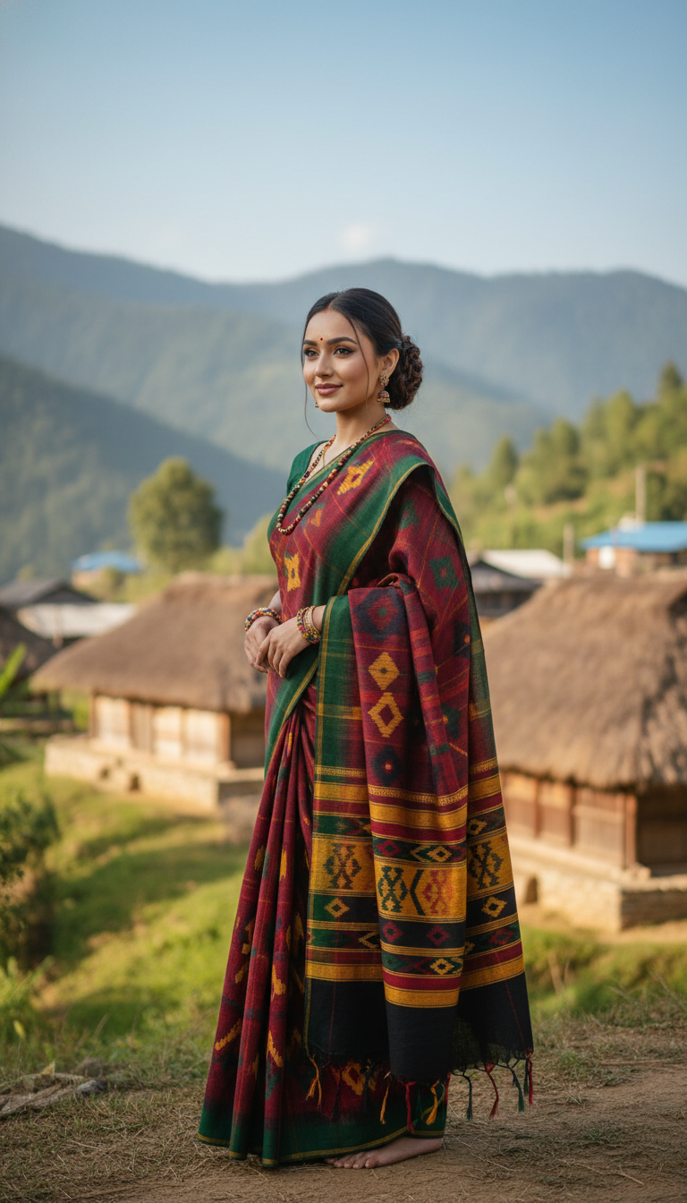 View Naga Handloom Saree in Hilly Village - AI transformation template example full size Naga Handloom Saree in Hilly Village - AI transformation template example