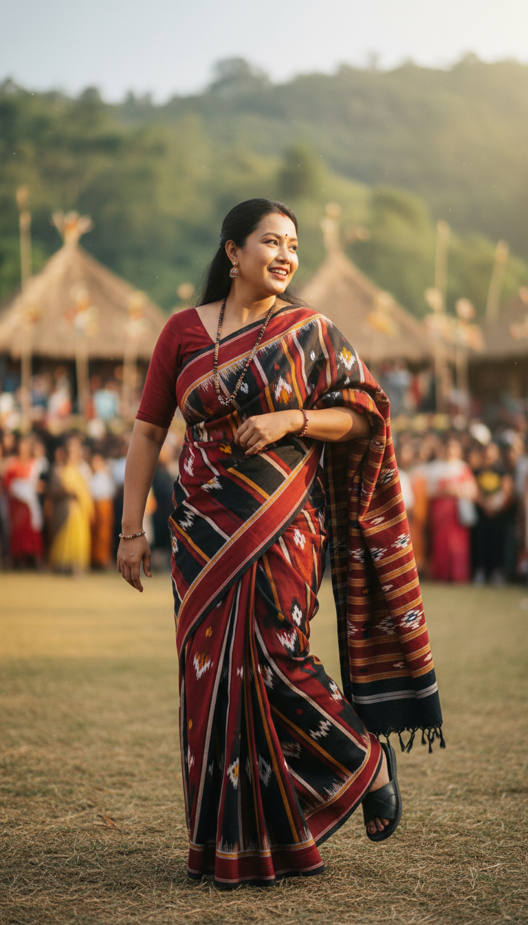 View Naga Handloom Saree at Tribal Festival - AI transformation template example full size Naga Handloom Saree at Tribal Festival - AI transformation template example