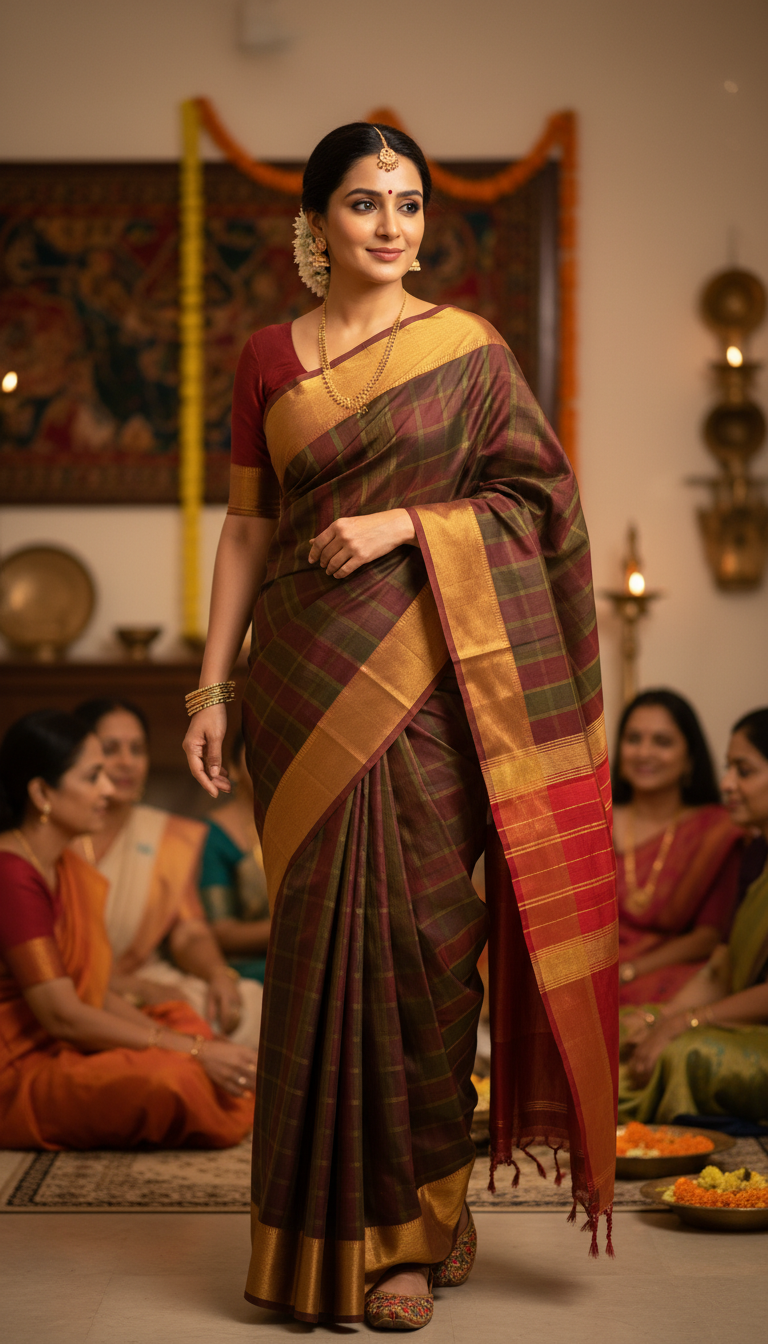 View Narayanpet Cotton-Silk Saree at Indian Family Gathering - AI transformation template example full size Narayanpet Cotton-Silk Saree at Indian Family Gathering - AI transformation template example