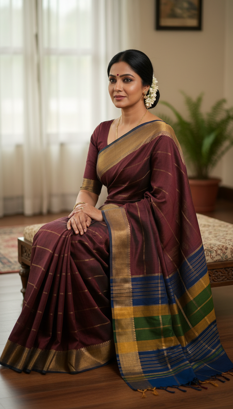 View Narayanpet Cotton-Silk Saree Indoors Portrait - AI transformation template example full size Narayanpet Cotton-Silk Saree Indoors Portrait - AI transformation template example