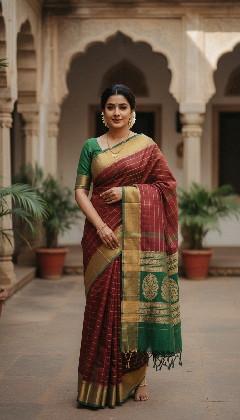 View Narayanpet Cotton-Silk Saree in Traditional Courtyard - AI transformation template example full size Narayanpet Cotton-Silk Saree in Traditional Courtyard - AI transformation template example