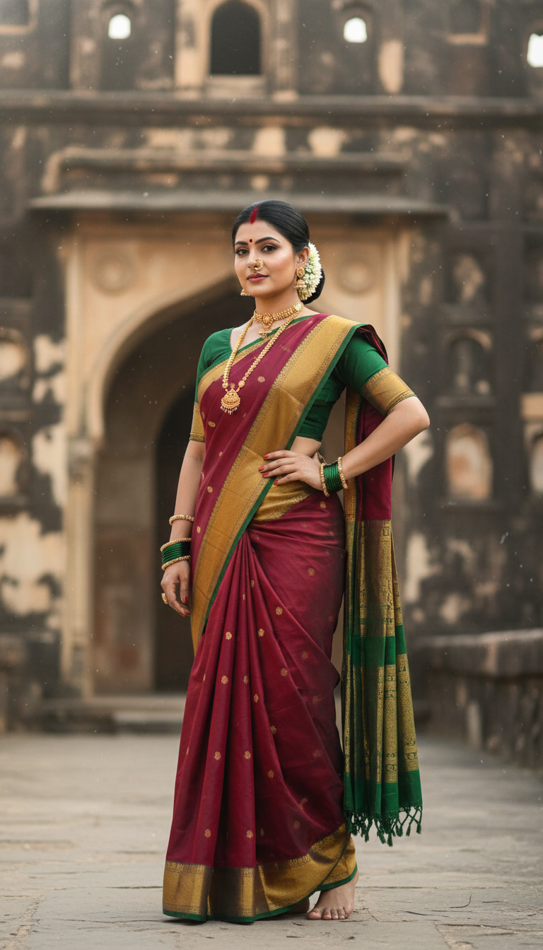 View Nauvari Saree at Historic Fort - AI transformation template example full size Nauvari Saree at Historic Fort - AI transformation template example