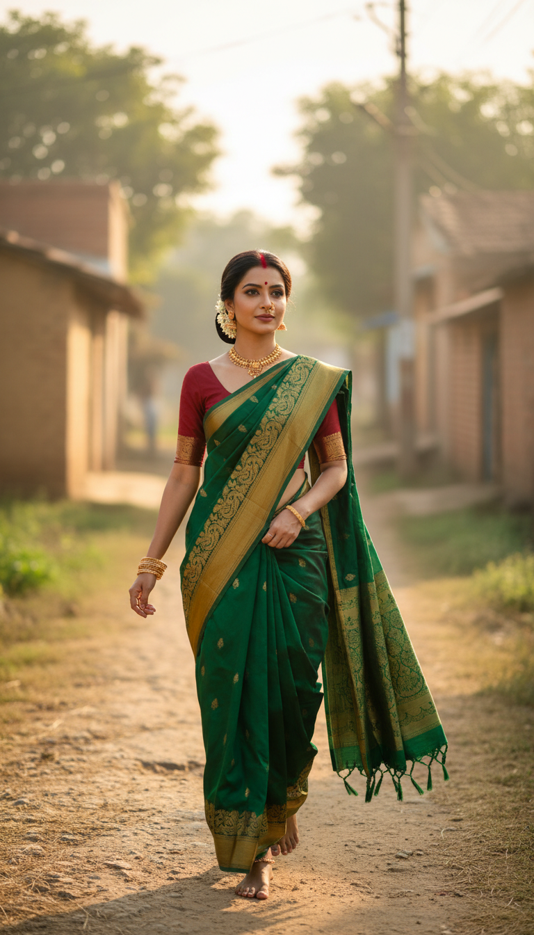 View Nauvari Saree on Village Path - AI transformation template example full size Nauvari Saree on Village Path - AI transformation template example