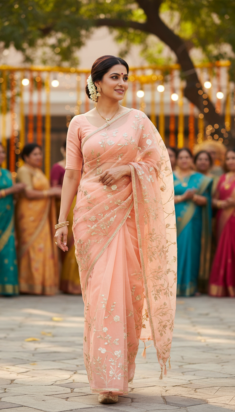 View Organza Saree at Daytime Celebration - AI transformation template example full size Organza Saree at Daytime Celebration - AI transformation template example