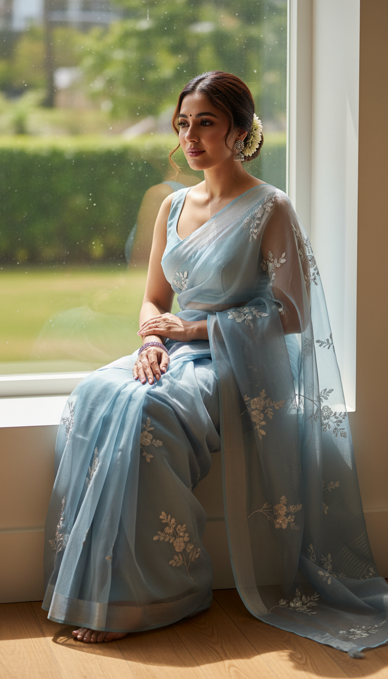 View Organza Saree with Diffused Light by Window - AI transformation template example full size Organza Saree with Diffused Light by Window - AI transformation template example