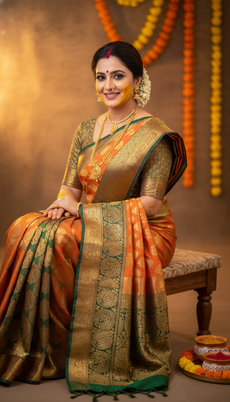 View Paithani Saree Haldi Ceremony Seated Portrait - AI transformation template example full size Paithani Saree Haldi Ceremony Seated Portrait - AI transformation template example