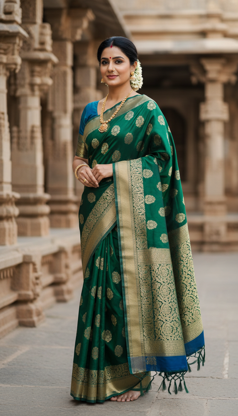 View Maharashtrian Paithani Saree in Temple Courtyard - AI transformation template example full size Maharashtrian Paithani Saree in Temple Courtyard - AI transformation template example