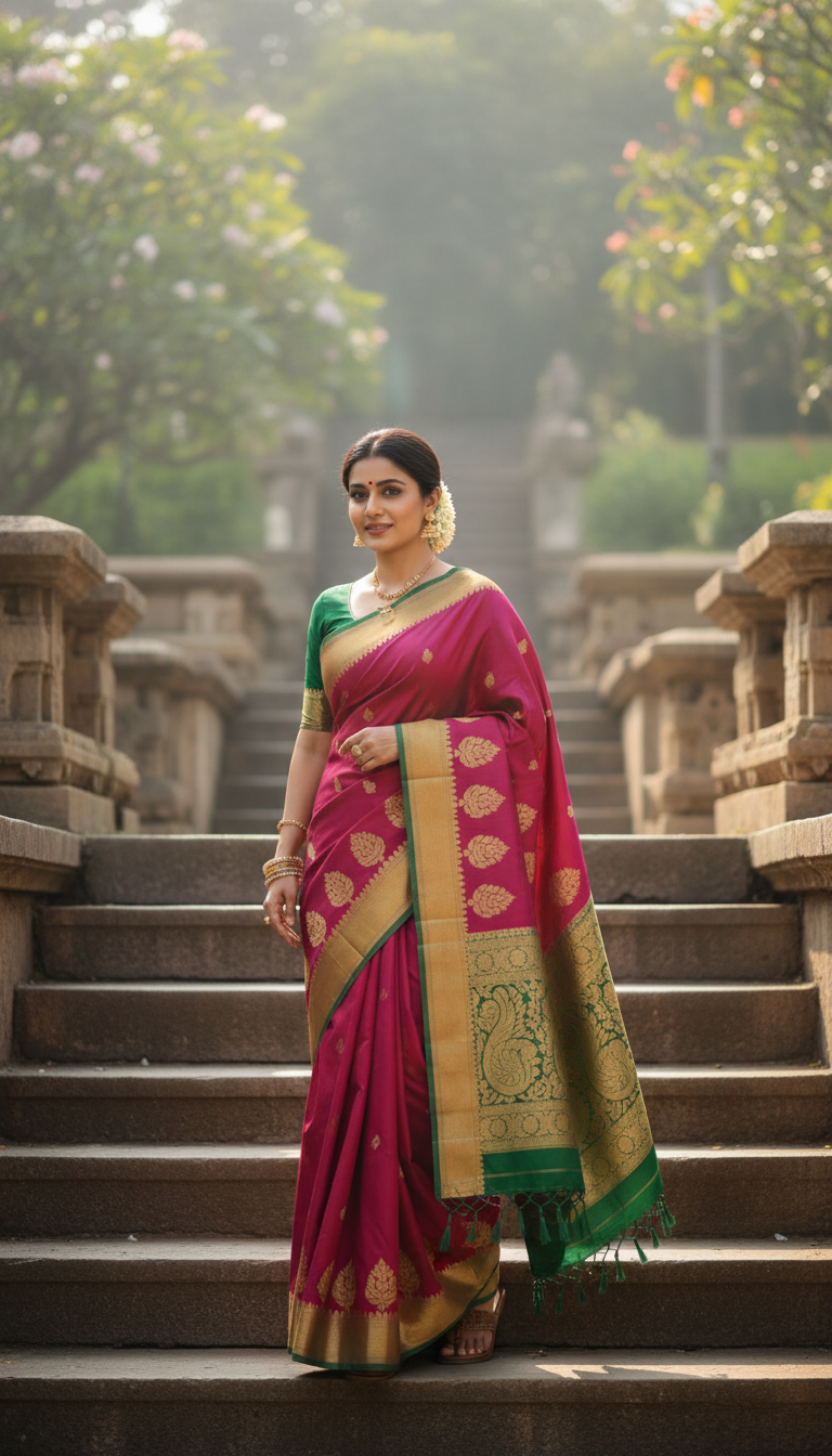 View Paithani Saree on Temple Steps - AI transformation template example full size Paithani Saree on Temple Steps - AI transformation template example