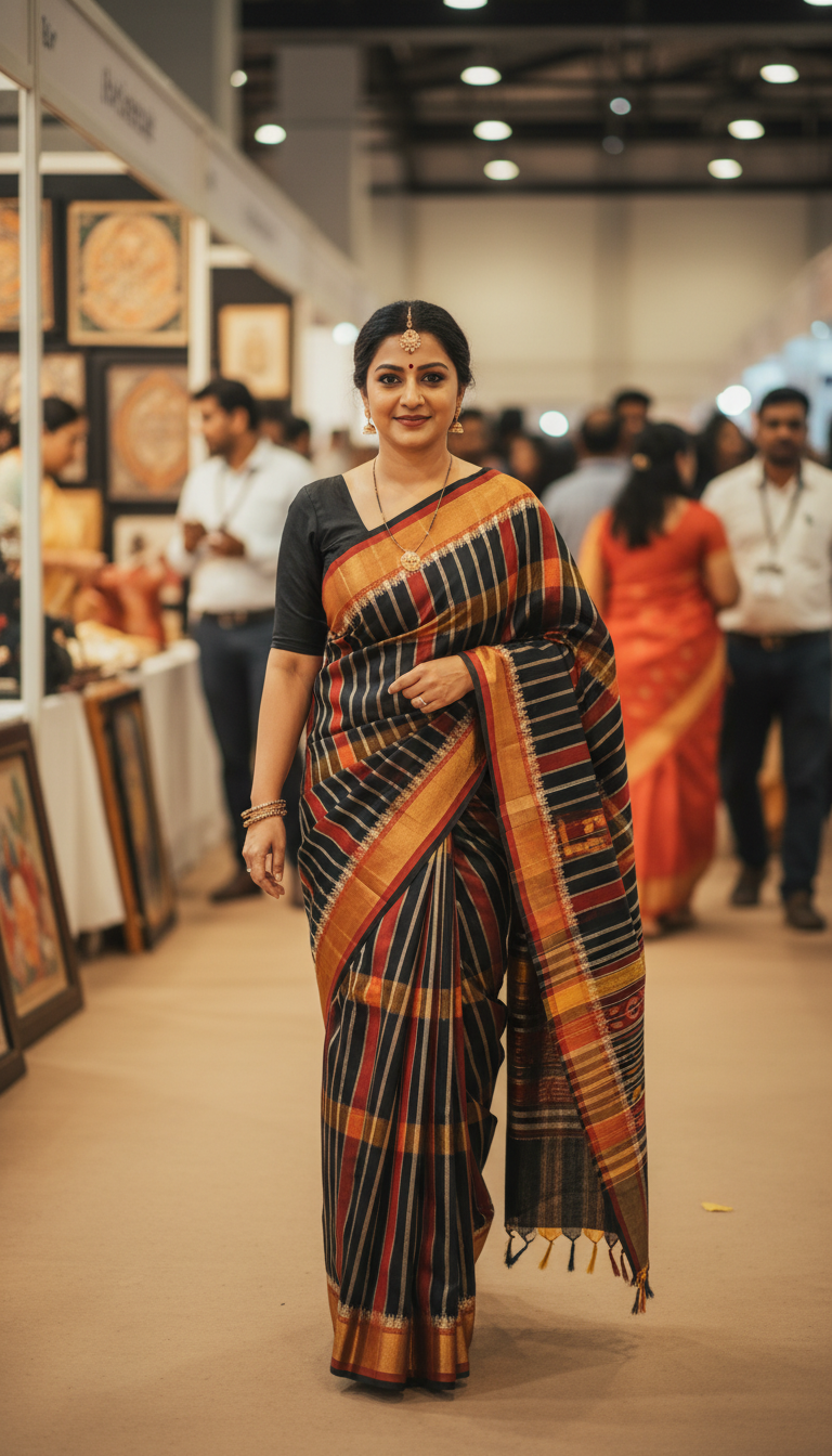 View Pasapalli Saree at Cultural Exhibition - AI transformation template example full size Pasapalli Saree at Cultural Exhibition - AI transformation template example