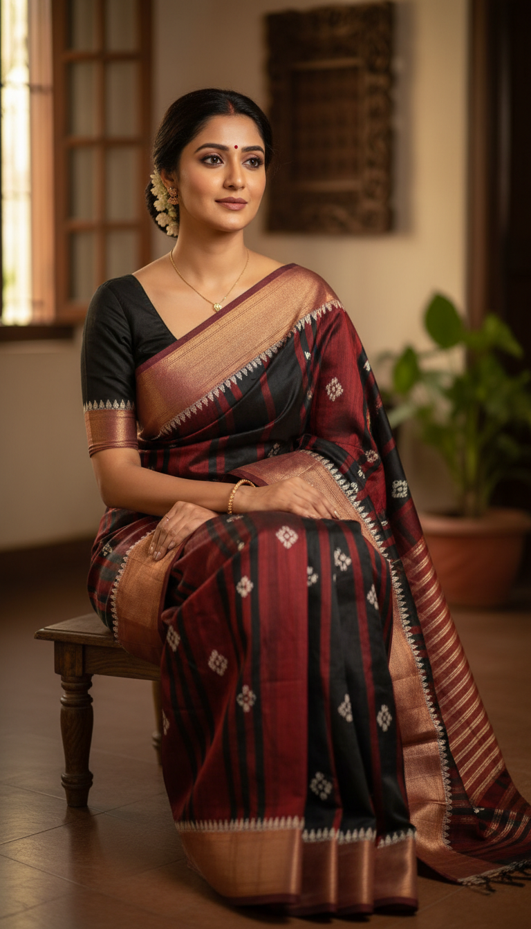 Pasapalli Saree Indoor Seated Natural Pose - AI transformation template example