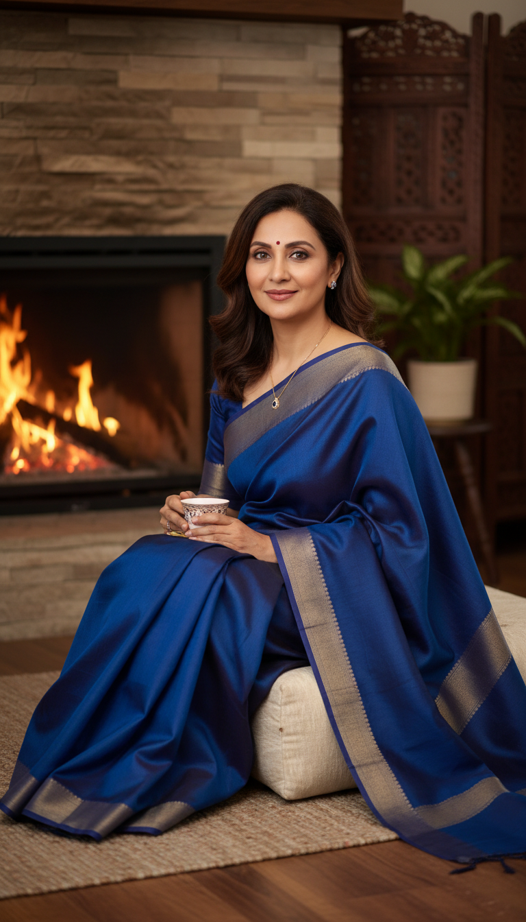 Pashmina Saree Indoor Fireplace Scene - AI transformation template example