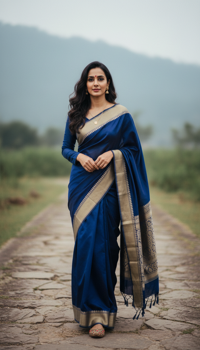 Pashmina Saree on Stone Path in Cool Weather - AI transformation template example