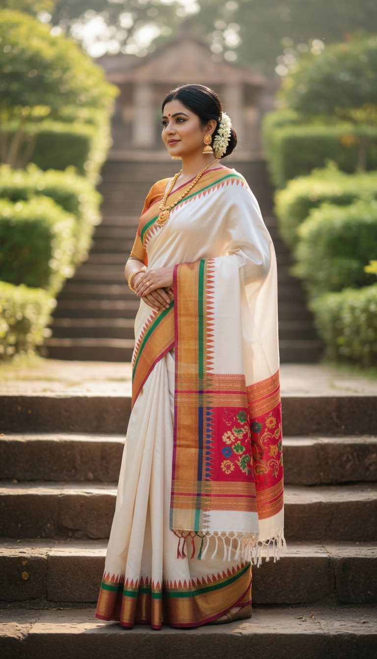 Pat Silk Saree at Assam Temple Steps - AI transformation template example