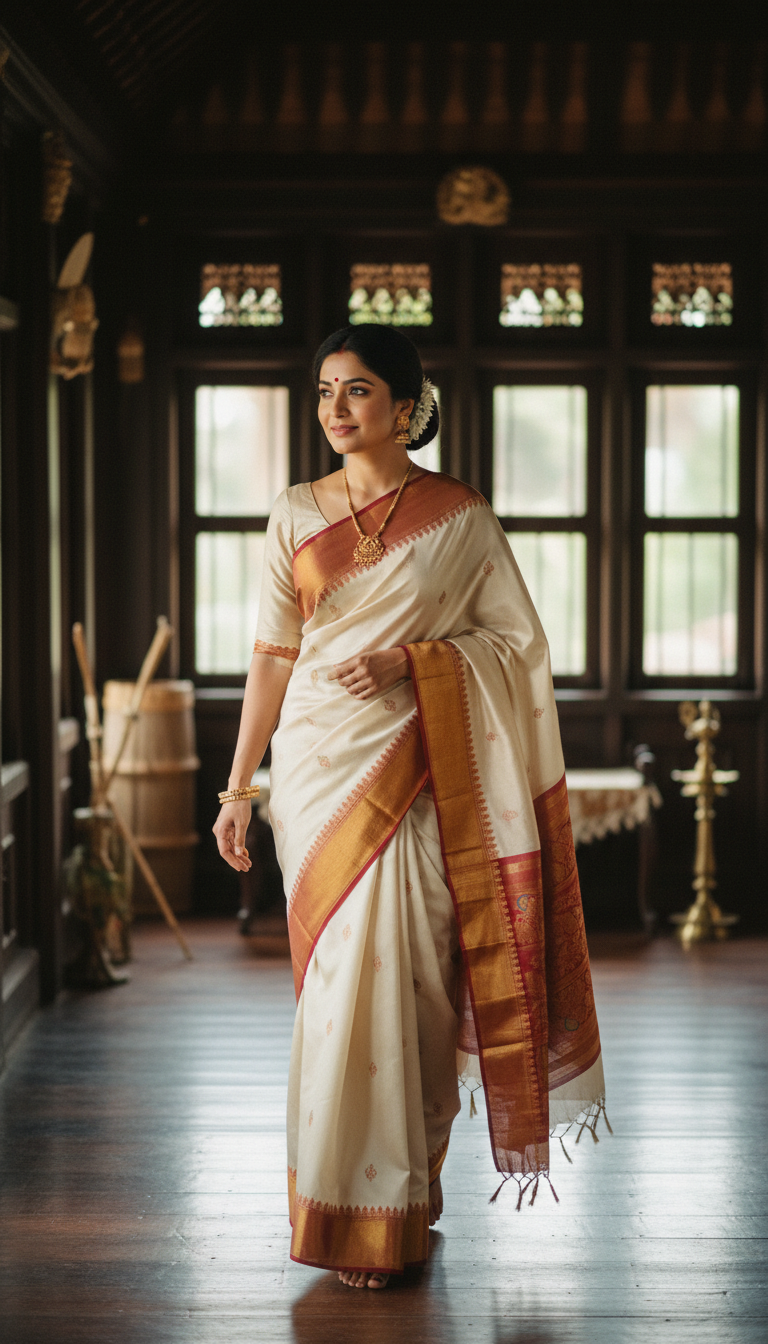 Pat Silk Saree in Assamese Heritage Home - AI transformation template example