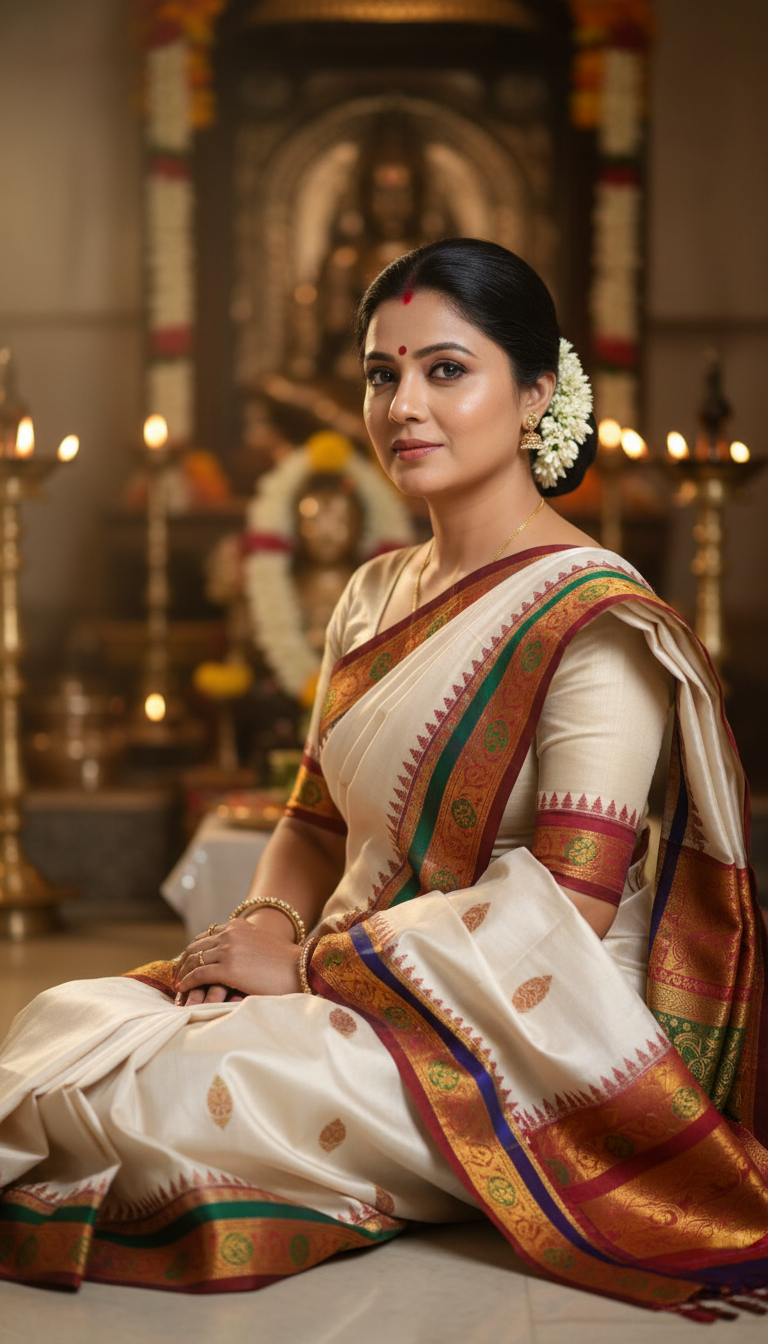 Pat Silk Saree in Religious Ceremony - AI transformation template example