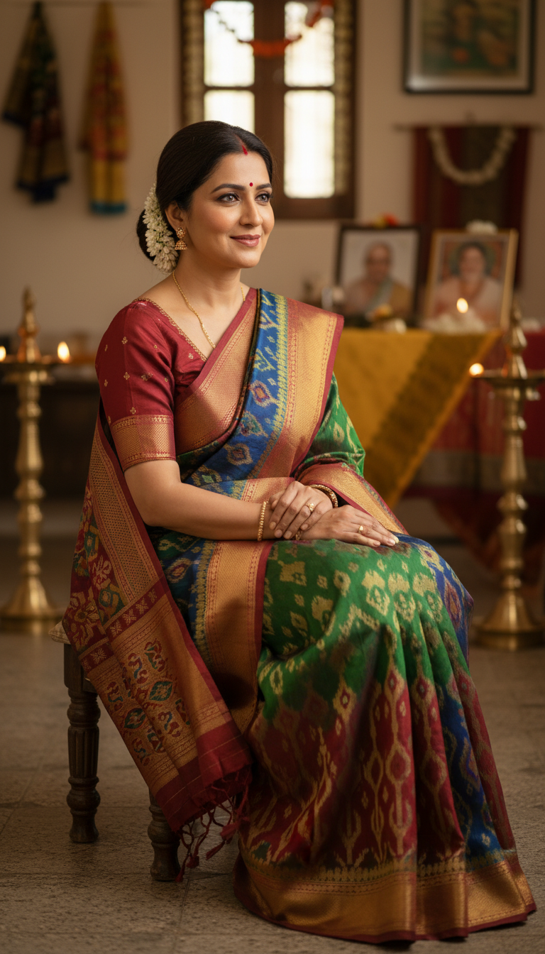 View Patola Saree Elegance at Family Ceremony - AI transformation template example full size Patola Saree Elegance at Family Ceremony - AI transformation template example