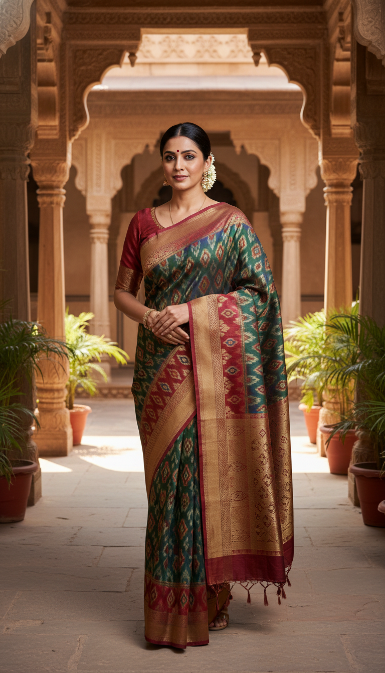 View Patola Saree in Heritage Gujarati Haveli Courtyard - AI transformation template example full size Patola Saree in Heritage Gujarati Haveli Courtyard - AI transformation template example