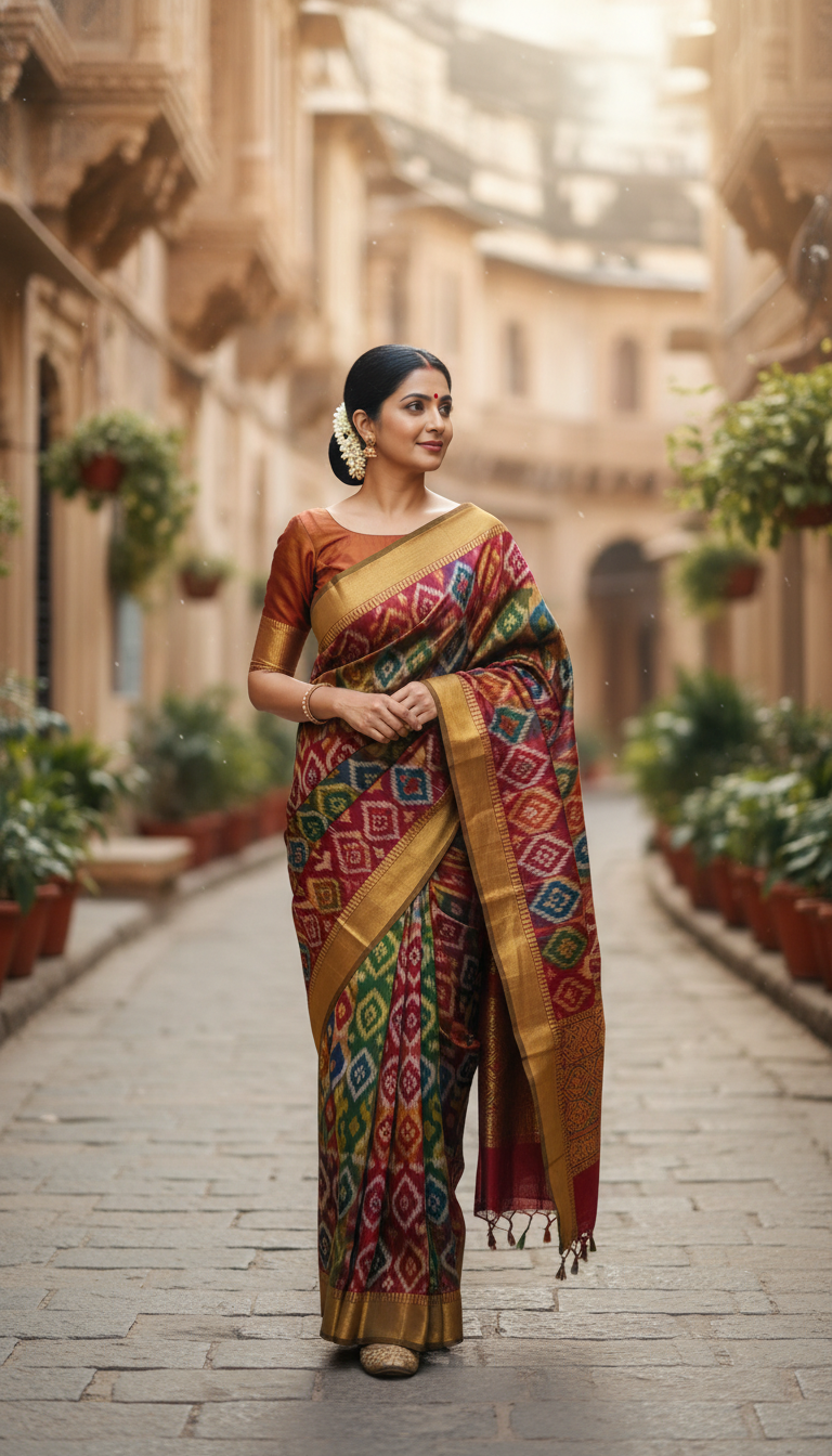 View Patola Saree Walk in Ancient Indian City - AI transformation template example full size Patola Saree Walk in Ancient Indian City - AI transformation template example