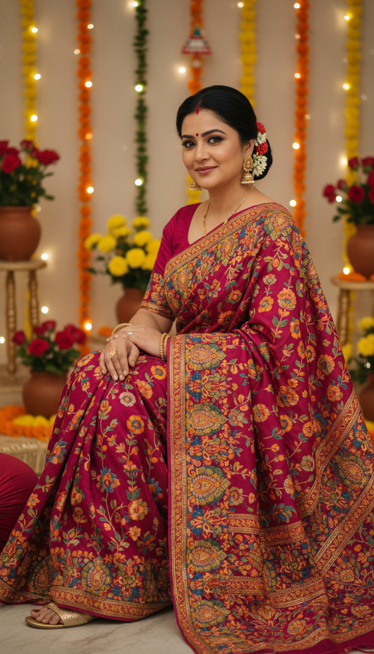 Phulkari Saree at Festive Gathering - AI transformation template example
