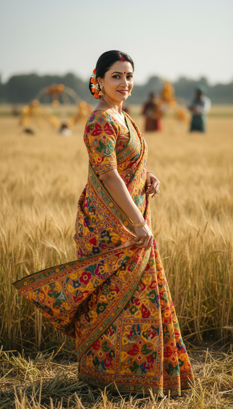 View Phulkari Saree at Harvest Celebration - AI transformation template example full size Phulkari Saree at Harvest Celebration - AI transformation template example