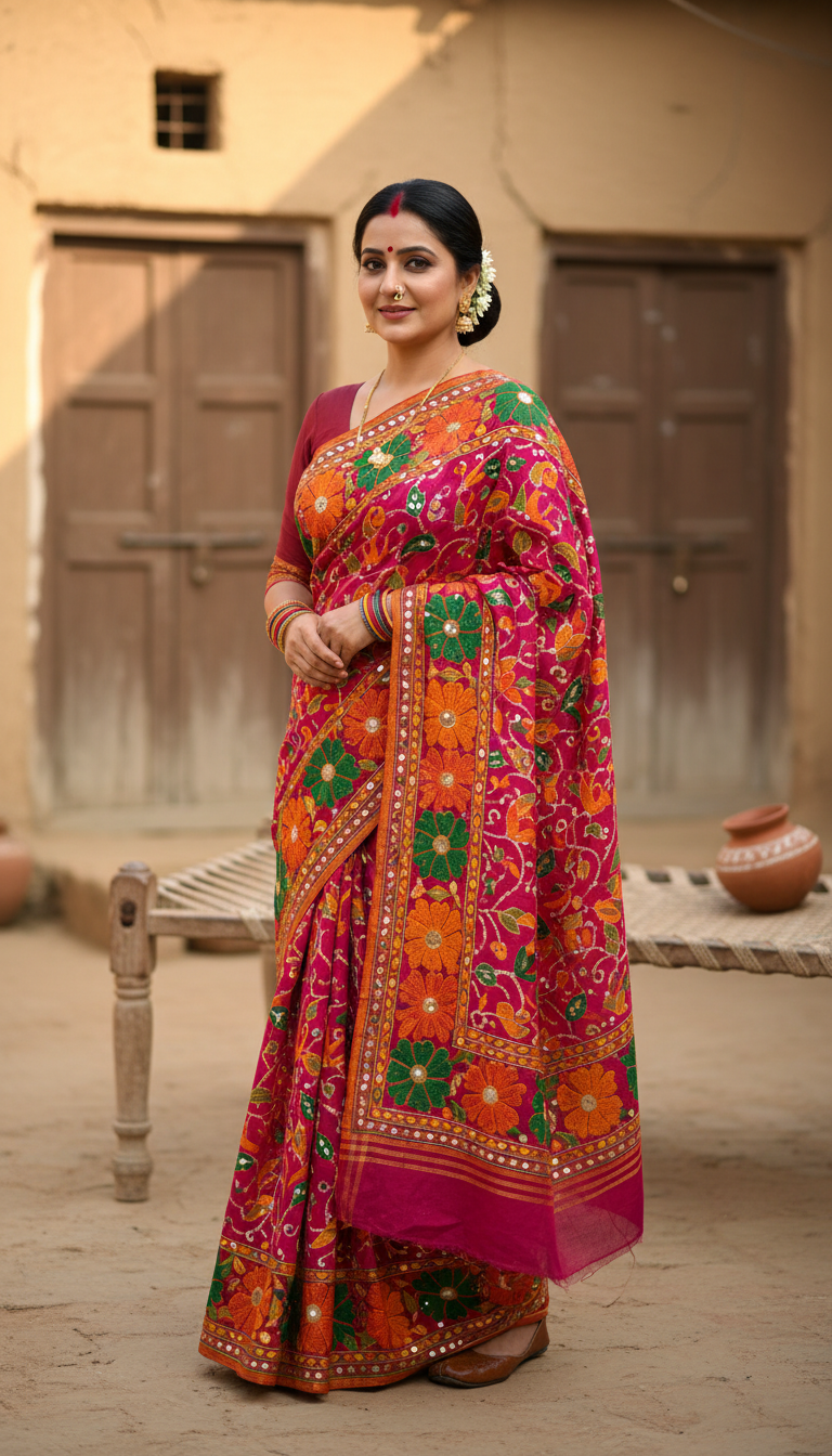 View Phulkari Saree in Punjabi Village Courtyard - AI transformation template example full size Phulkari Saree in Punjabi Village Courtyard - AI transformation template example