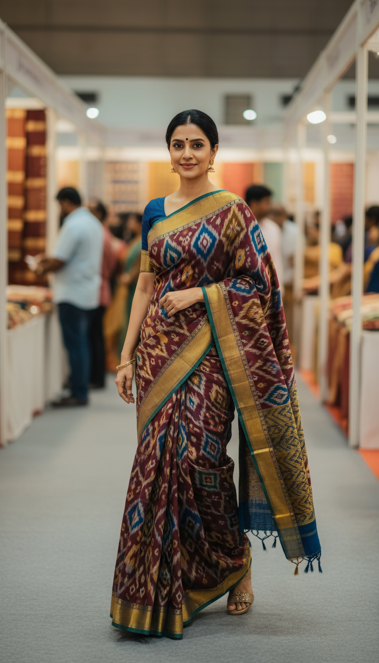 View Pochampally Ikat Saree at Handloom Exhibition Walk - AI transformation template example full size Pochampally Ikat Saree at Handloom Exhibition Walk - AI transformation template example