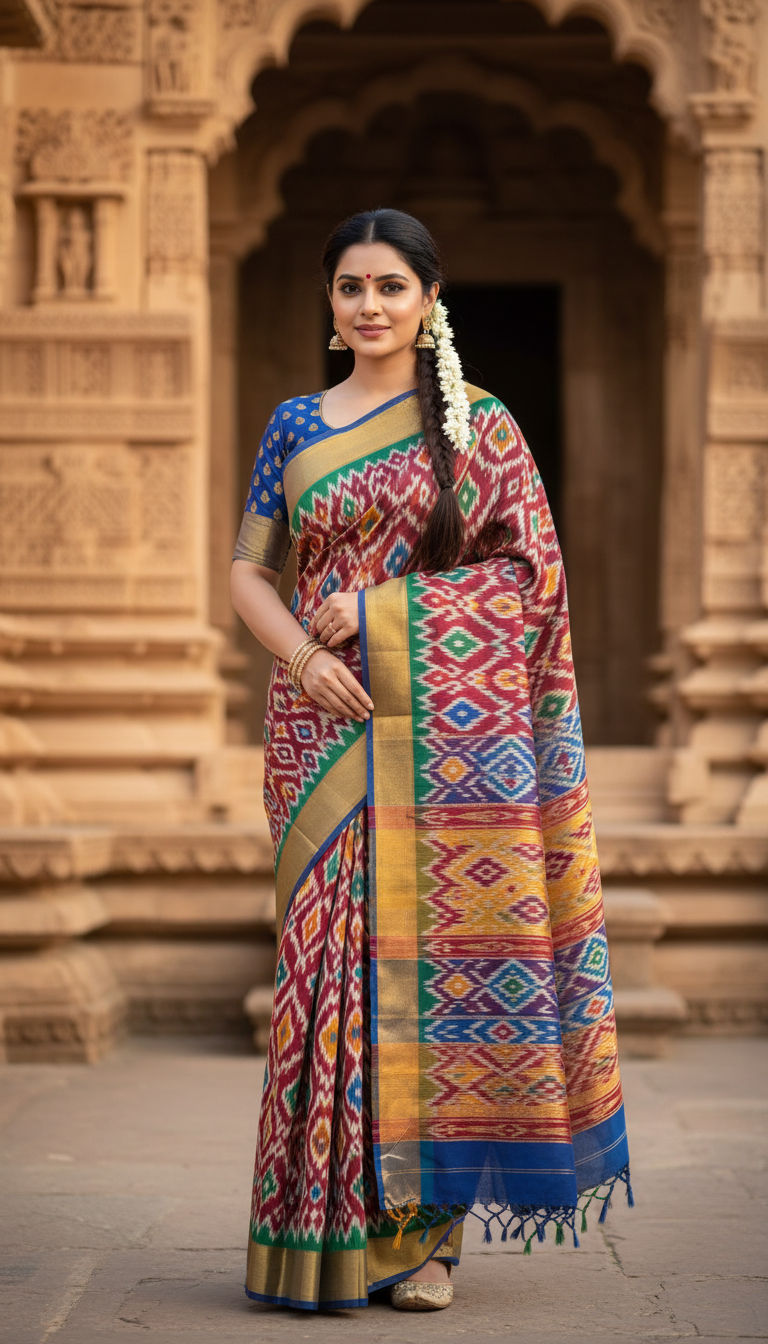 View Pochampally Ikat Saree near Heritage Architecture - AI transformation template example full size Pochampally Ikat Saree near Heritage Architecture - AI transformation template example