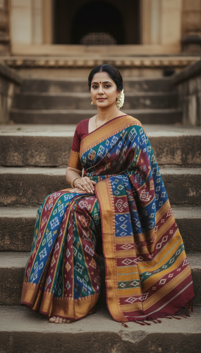 View Pochampally Ikat Saree on Traditional Steps - AI transformation template example full size Pochampally Ikat Saree on Traditional Steps - AI transformation template example