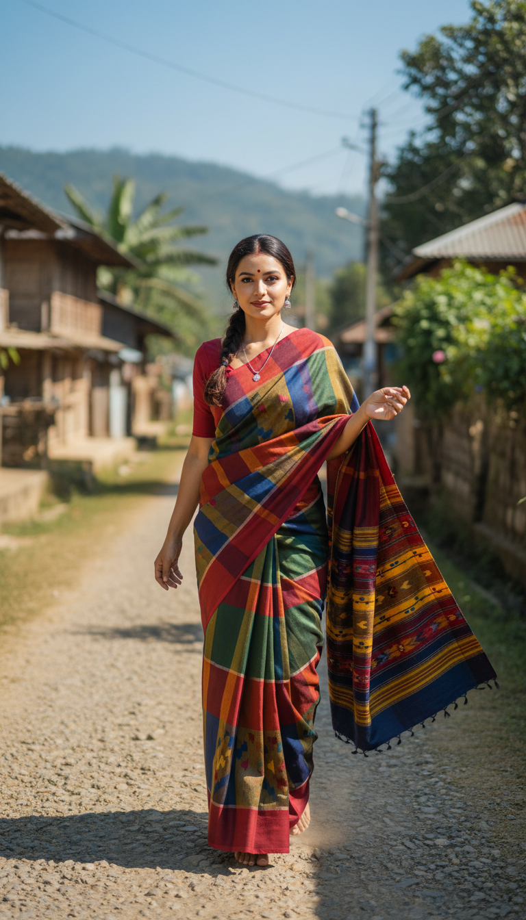 View Adult person in Puan Saree walking village road - AI transformation template example full size Adult person in Puan Saree walking village road - AI transformation template example