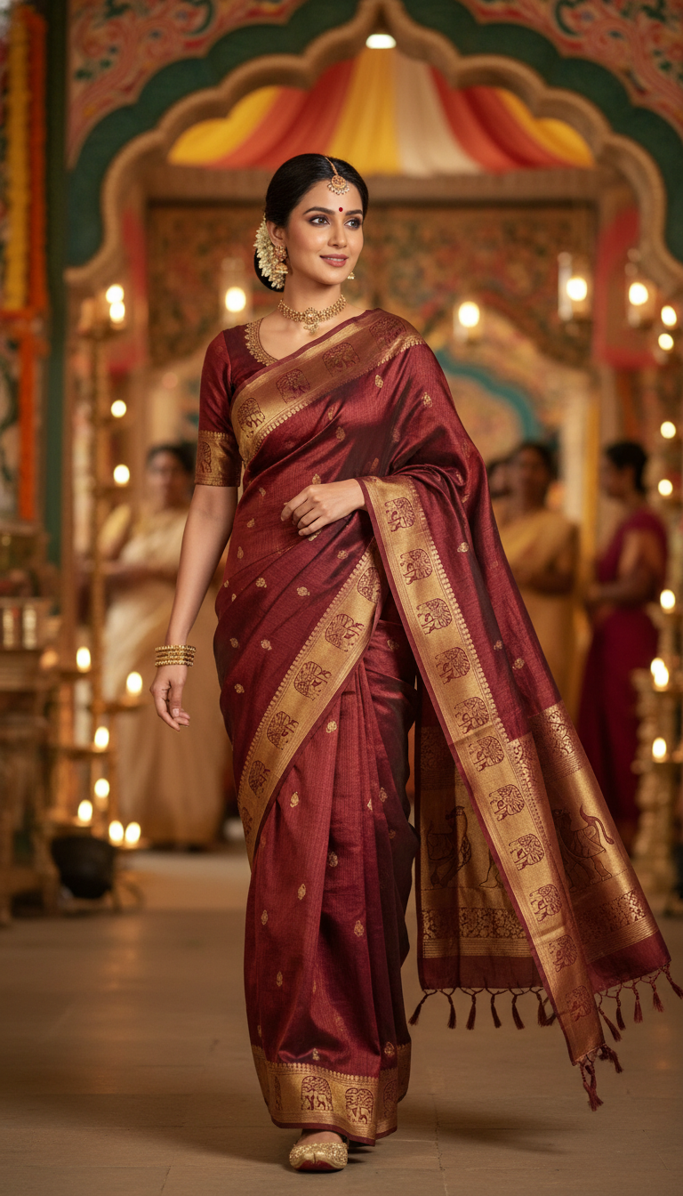 View Raw Silk Saree Graceful Walk at Cultural Event - AI transformation template example full size Raw Silk Saree Graceful Walk at Cultural Event - AI transformation template example