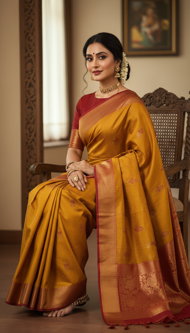 View Raw Silk Saree Elegance on Wooden Chair - AI transformation template example full size Raw Silk Saree Elegance on Wooden Chair - AI transformation template example