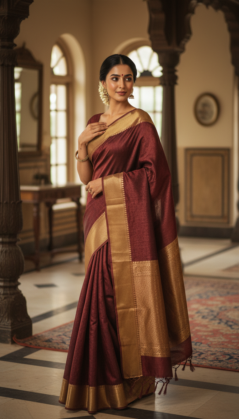 Elegant Raw Silk Saree in Heritage Indian Home - AI transformation template example