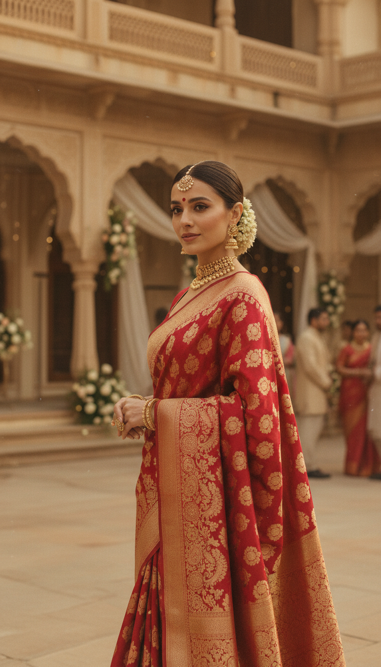 View Red Banarasi Silk Saree Palace Wedding Prompt - AI transformation template example full size Red Banarasi Silk Saree Palace Wedding Prompt - AI transformation template example
