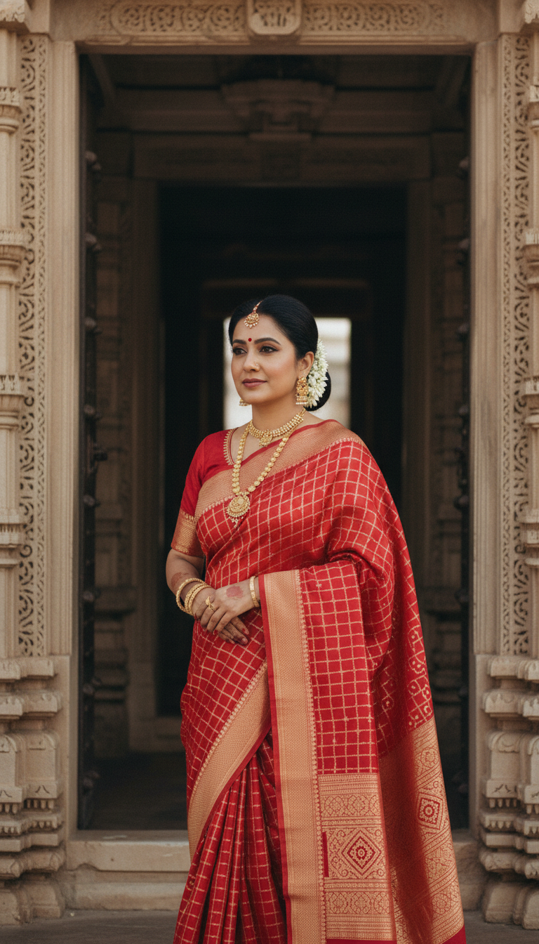 View Red Gharchola Saree at Temple Doorway - AI transformation template example full size Red Gharchola Saree at Temple Doorway - AI transformation template example