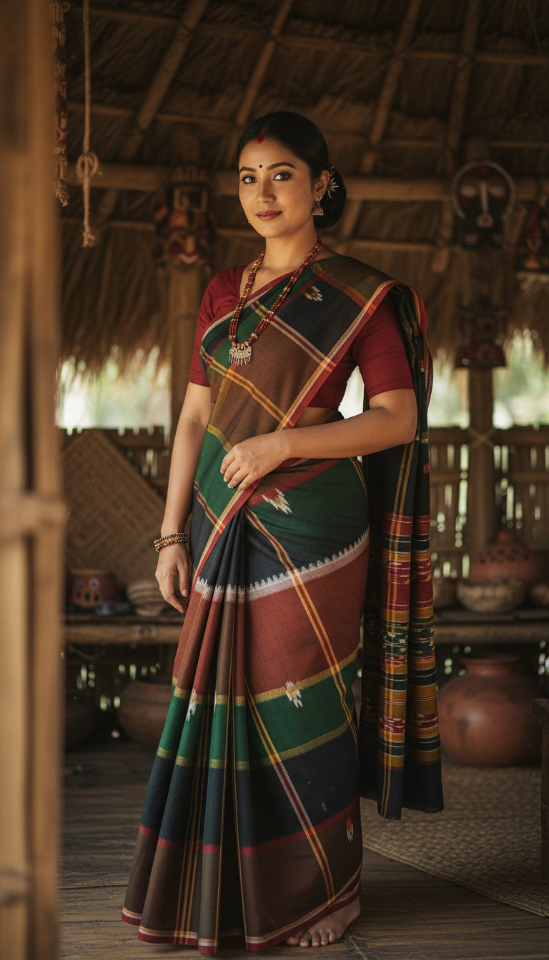 View Tripura Rignai Saree in Tribal Hut Setting - AI transformation template example full size Tripura Rignai Saree in Tribal Hut Setting - AI transformation template example