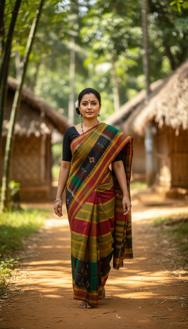 View Rignai Saree on Tripura Village Path - AI transformation template example full size Rignai Saree on Tripura Village Path - AI transformation template example