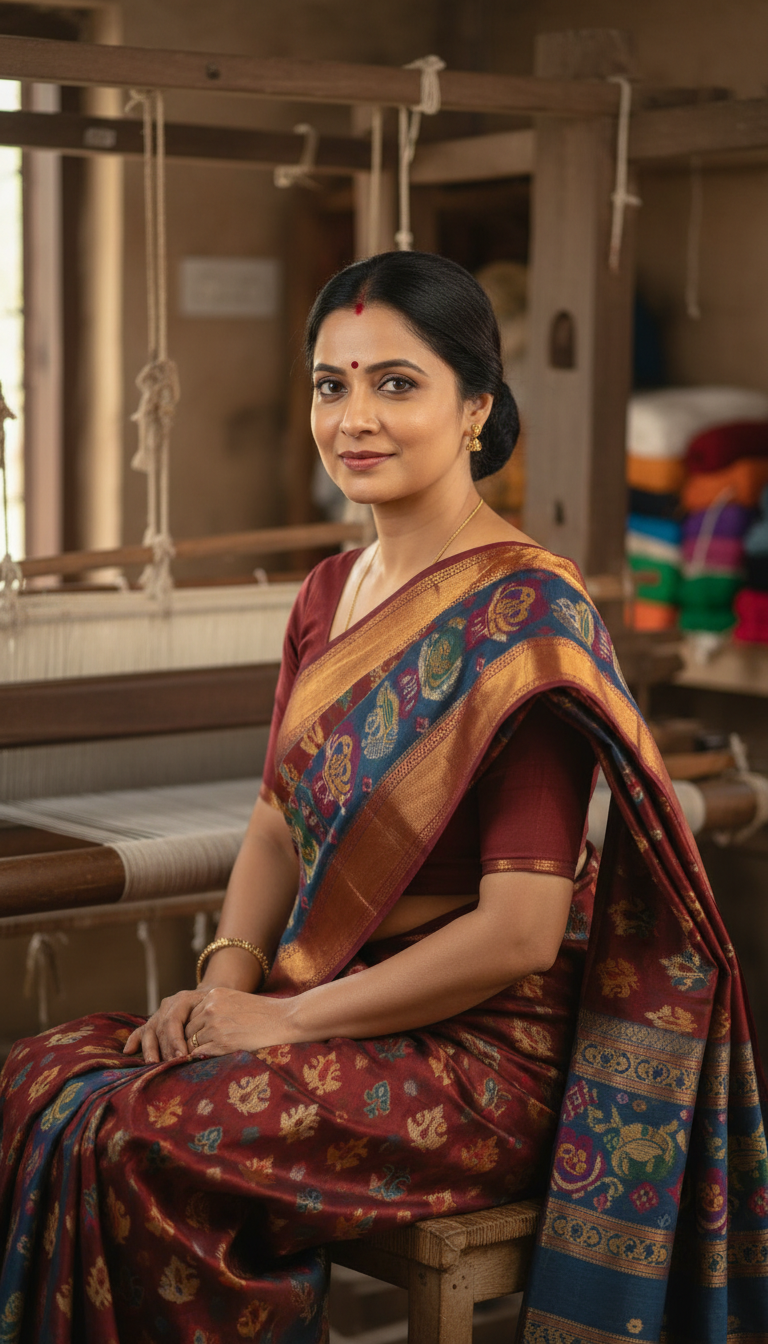 View Sambalpuri Ikat Saree in Traditional Handloom Workshop - AI transformation template example full size Sambalpuri Ikat Saree in Traditional Handloom Workshop - AI transformation template example