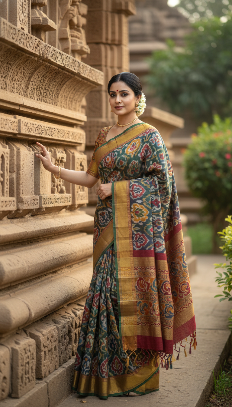 View Sambalpuri Ikat Saree at Odisha Temple - AI transformation template example full size Sambalpuri Ikat Saree at Odisha Temple - AI transformation template example
