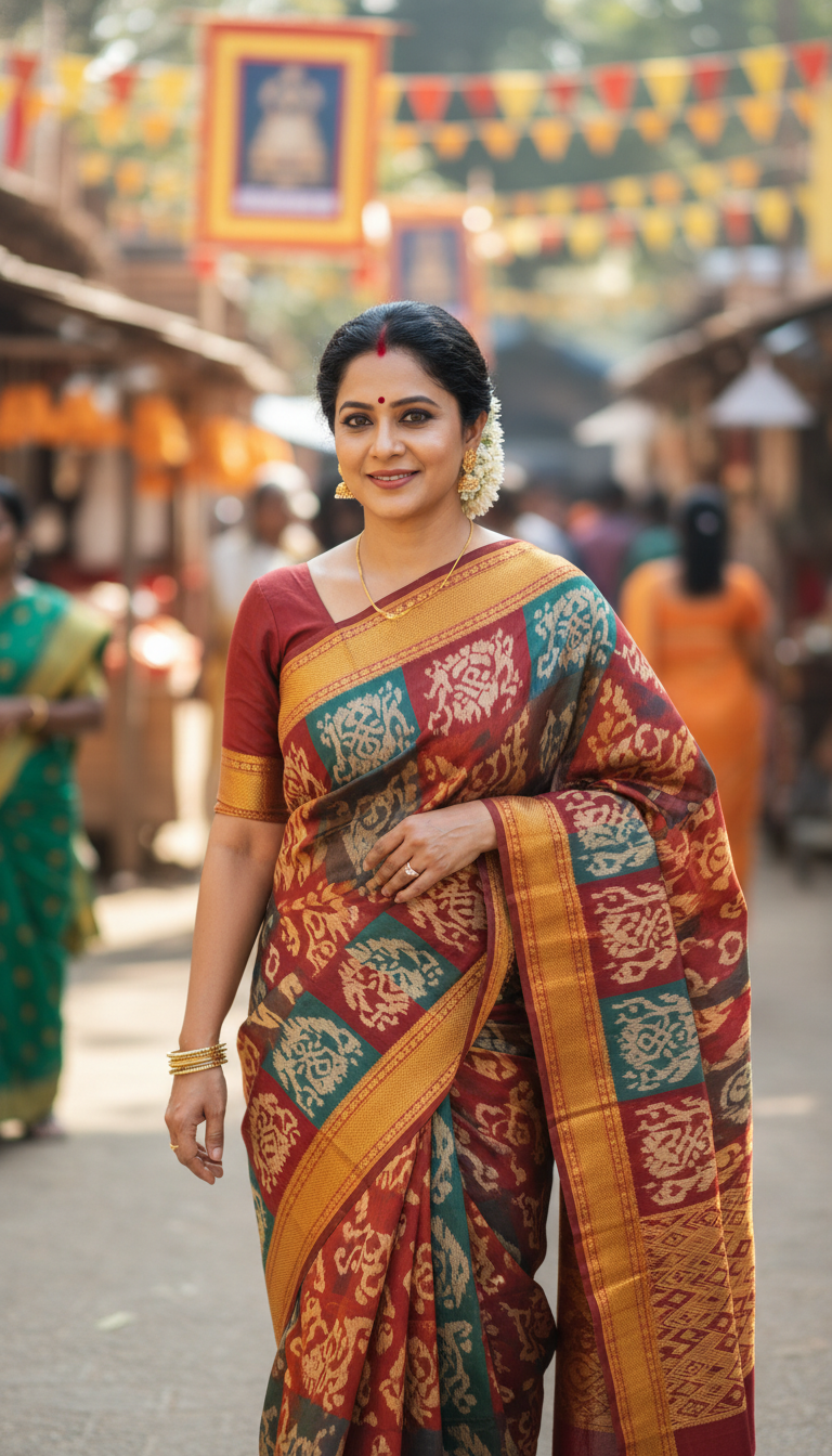 View Sambalpuri Ikat Saree at Odisha Village Festival - AI transformation template example full size Sambalpuri Ikat Saree at Odisha Village Festival - AI transformation template example