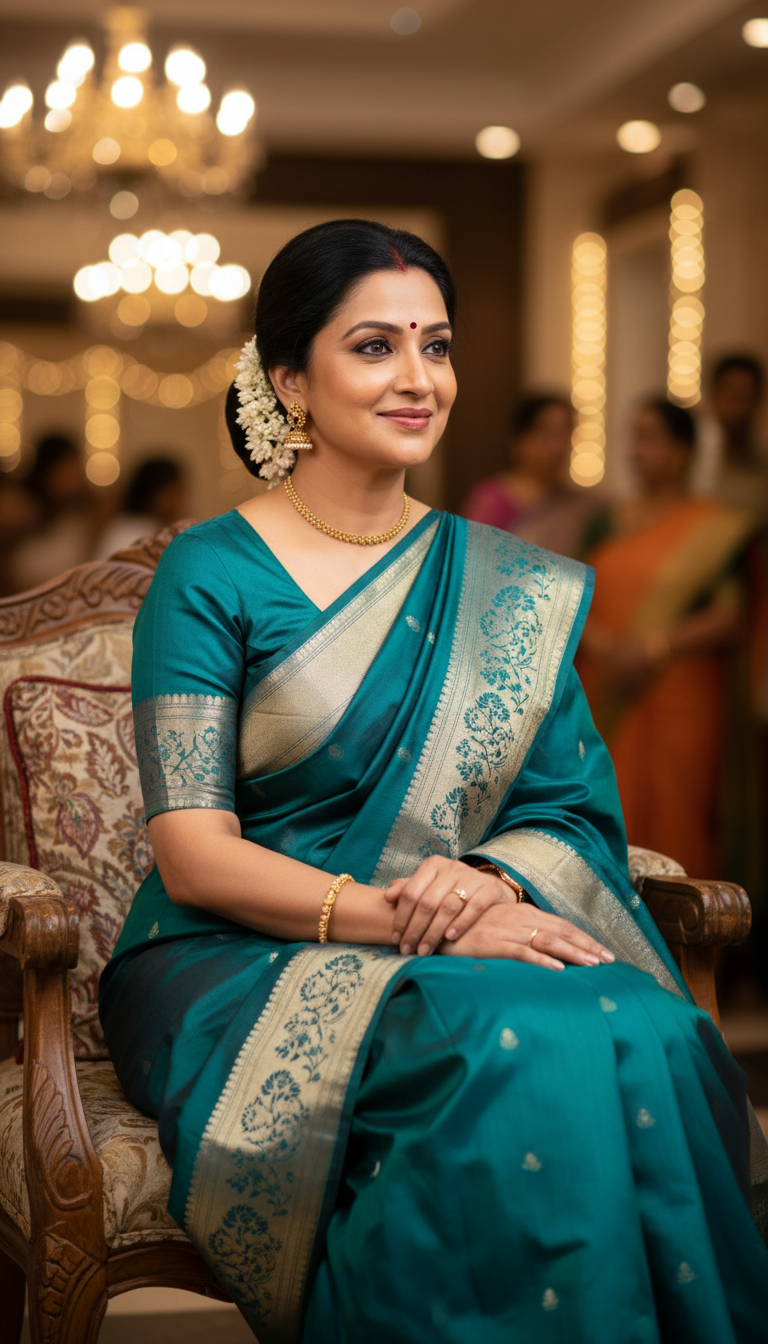 Silk Cotton Saree at Family Function, Seated Pose - AI transformation template example
