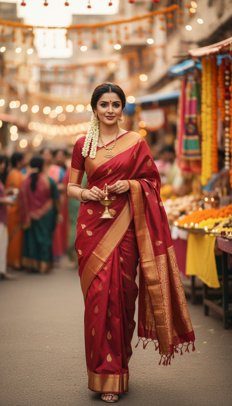 View Adult in Silk Cotton Saree Walking During Festival - AI transformation template example full size Adult in Silk Cotton Saree Walking During Festival - AI transformation template example