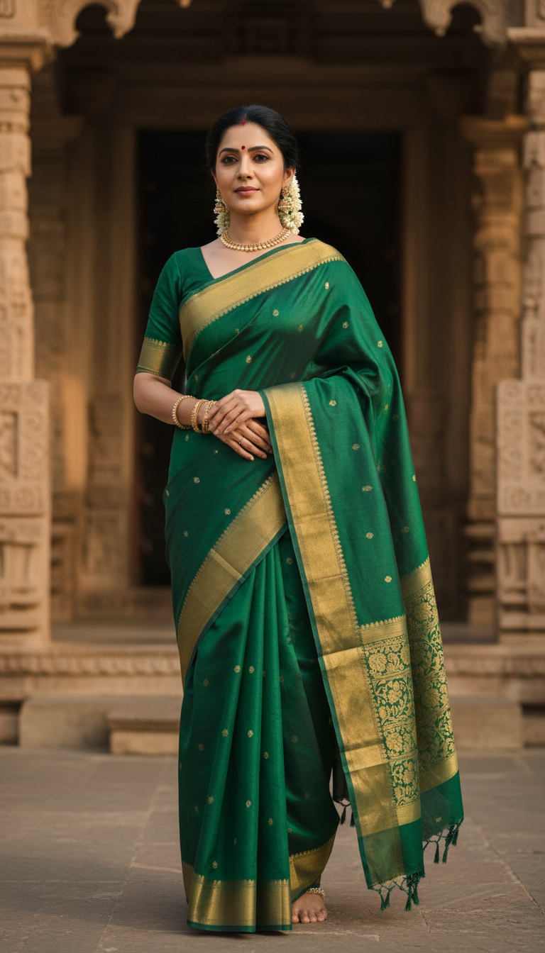 View Vibrant Silk Cotton Saree at Temple Entrance - AI transformation template example full size Vibrant Silk Cotton Saree at Temple Entrance - AI transformation template example