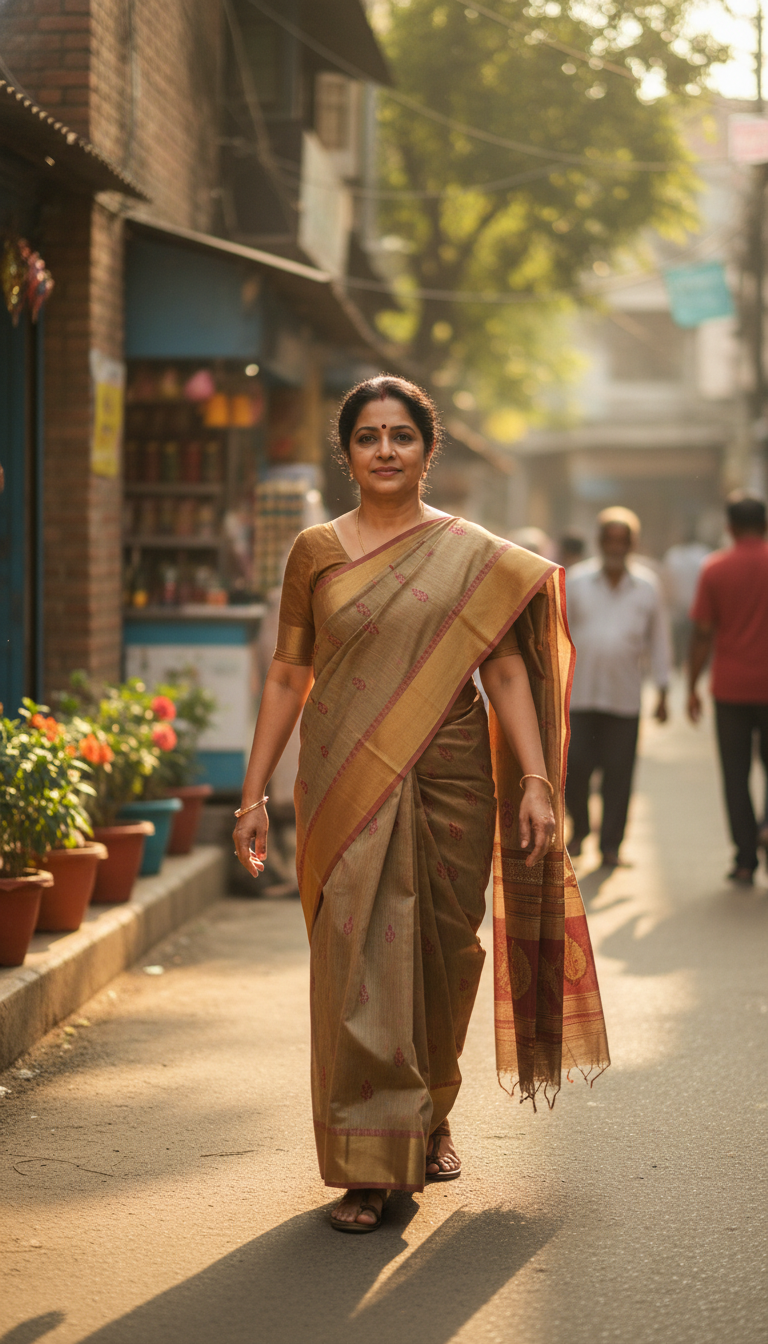 View Woman in Taant Saree Walking on Neighborhood Street - AI transformation template example full size Woman in Taant Saree Walking on Neighborhood Street - AI transformation template example