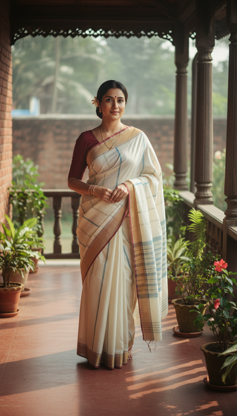 View Taant Saree on Bengali Veranda - AI transformation template example full size Taant Saree on Bengali Veranda - AI transformation template example