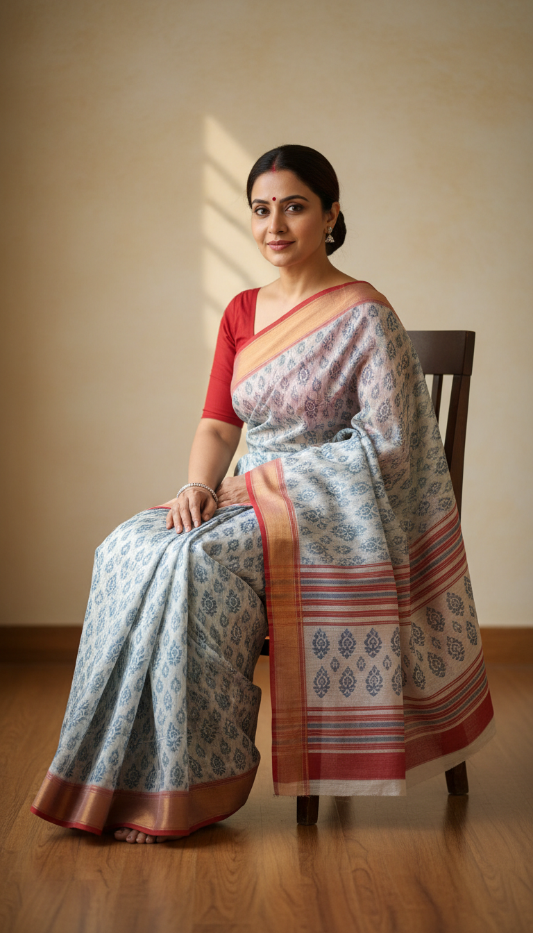 View Bengali Taant Saree in Serene Morning Light - AI transformation template example full size Bengali Taant Saree in Serene Morning Light - AI transformation template example